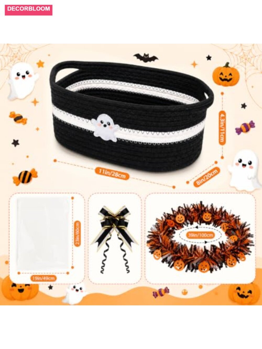 Halloween Boo Basket Empty Gift Basket Cotton Rope with Ribbon Bag Bow - Picture 2 of 5